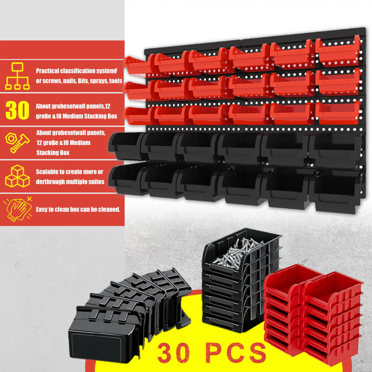 A set of 30 wall-mounted storage bins in red and black plastic, showing various sizes for organization.