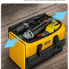 A yellow tool bag is open, showing various tools inside. The bag has a wide mouth for easy access.