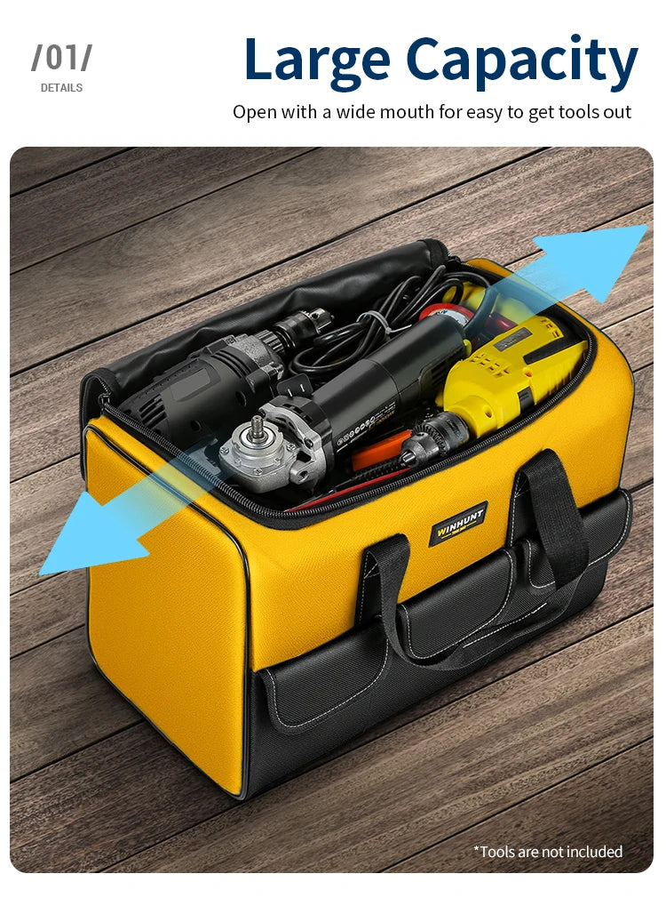 A yellow tool bag is open, showing various tools inside. The bag has a wide mouth for easy access.