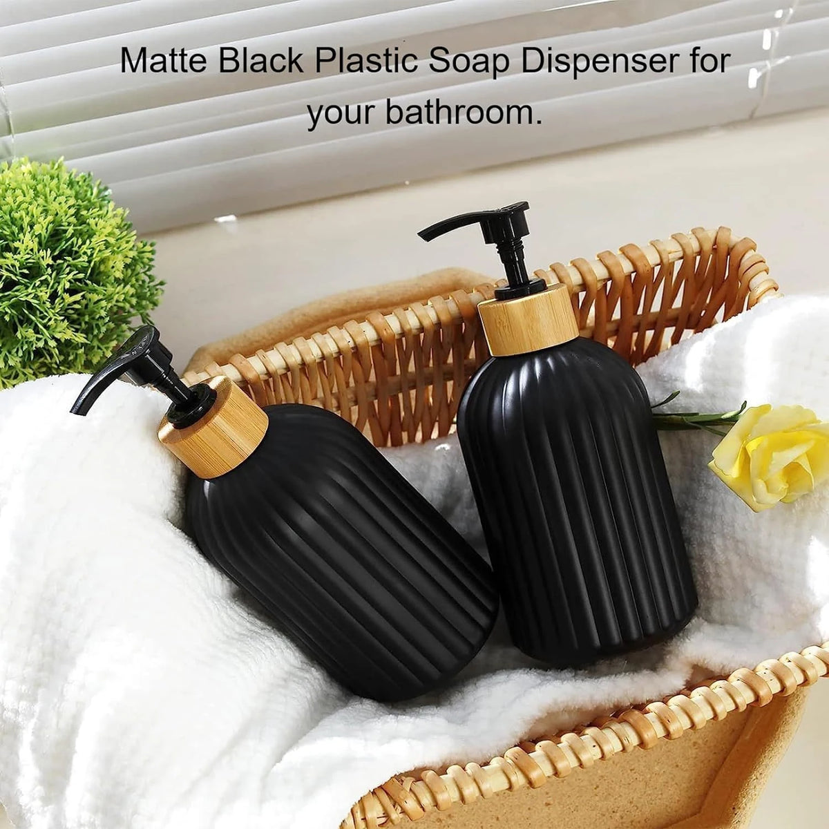 Refillable Matte Black Soap Dispenser with Wooden Tag