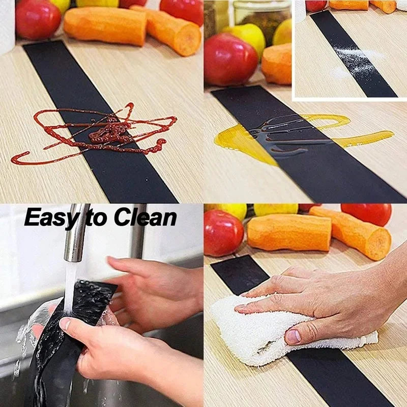 A silicone stove counter gap cover is shown with various colored fruit slices and a cleaning demonstration.