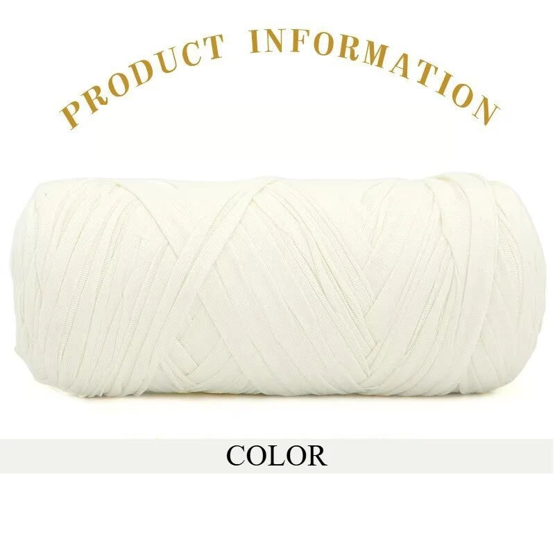 A skein of thick, cream-colored polyester blend yarn is shown rolled up for knitting and crochet.