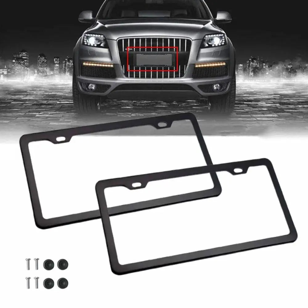 A set of two black stainless steel license plate frames for a vehicle.