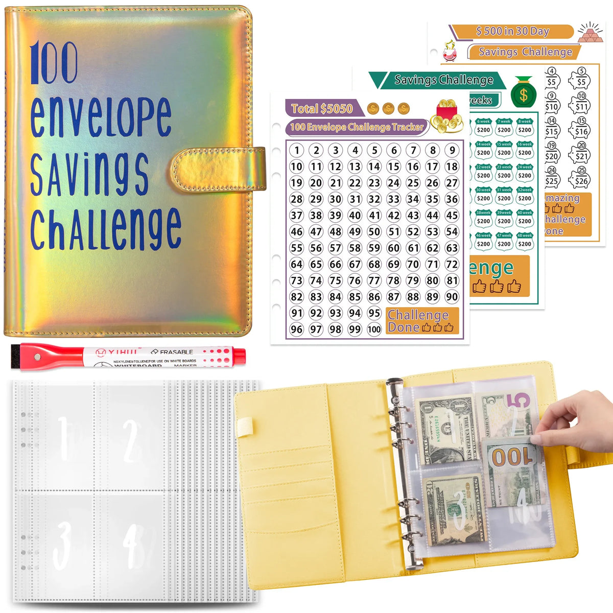 A yellow A5 budget binder with cash envelopes and a savings challenge tracker sheet.