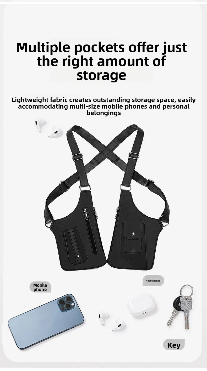 Black anti-theft underarm wallet bag with adjustable strap and accessories like a mobile phone and key