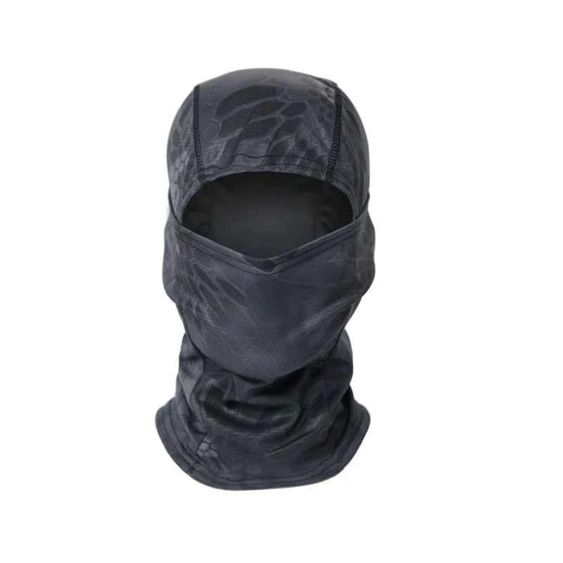 A dark gray stretchy breathable balaclava cap worn on a head.