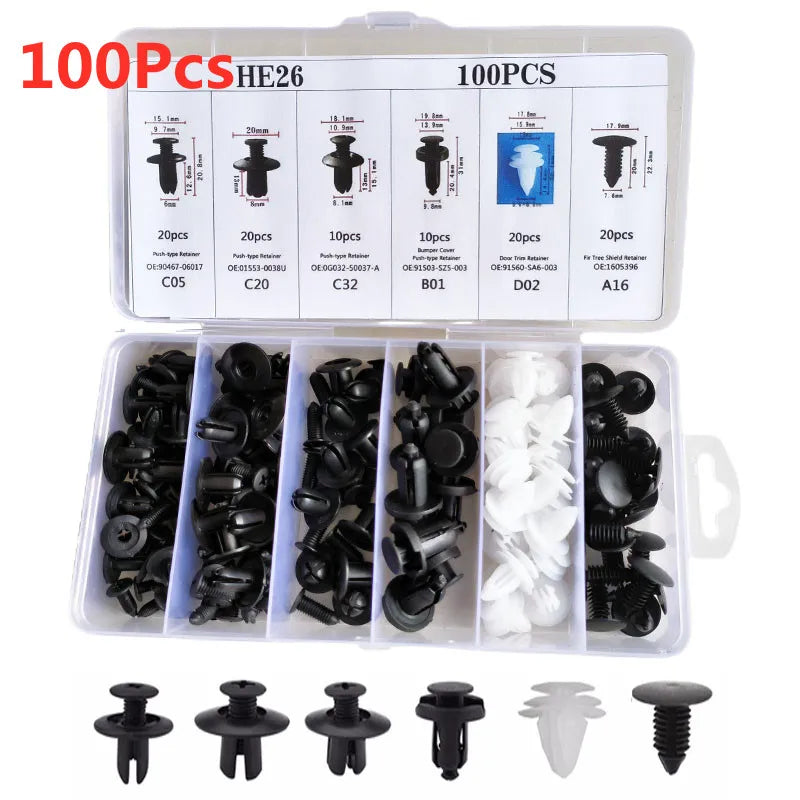 A set of 100 pieces of HE26 auto trim panel retainer clips and various related components for automotive use