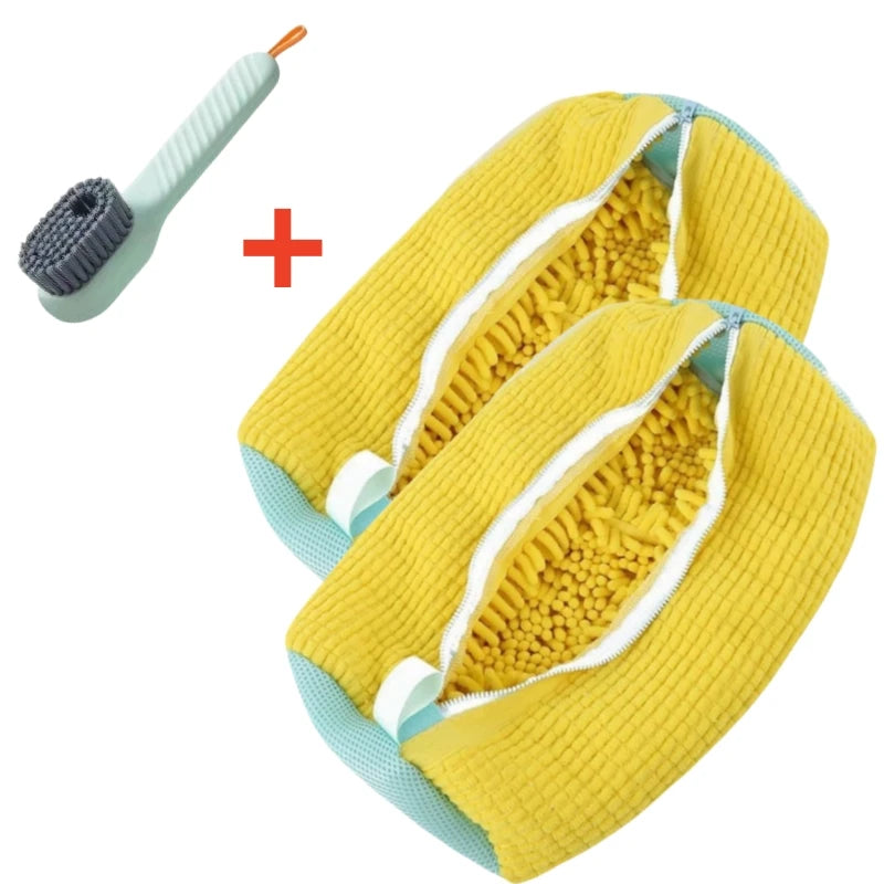 Yellow shoe washing machine bag with a soft bristled cleaning brush set