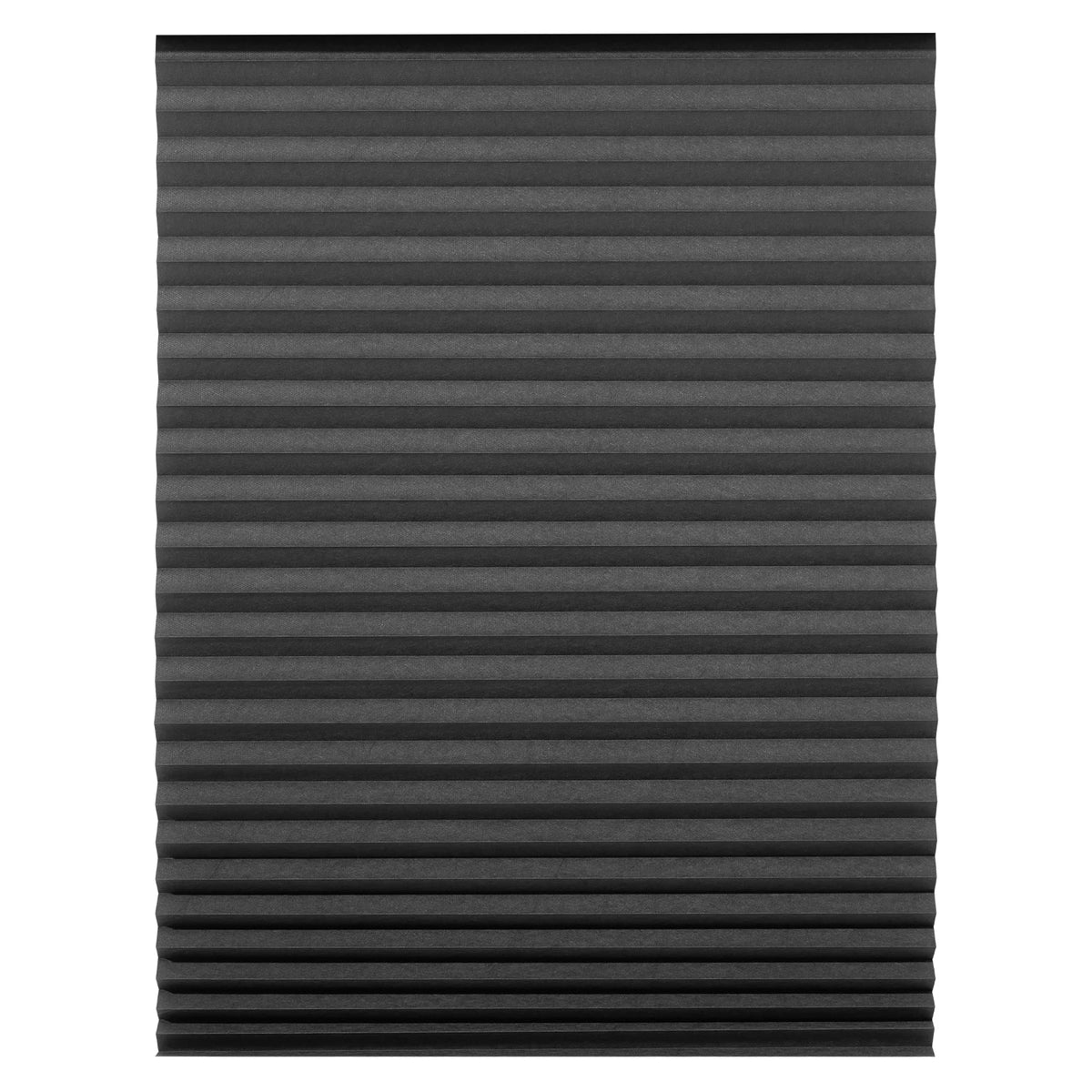 Close-up view of dark gray pleated window blinds with adjustable clips.