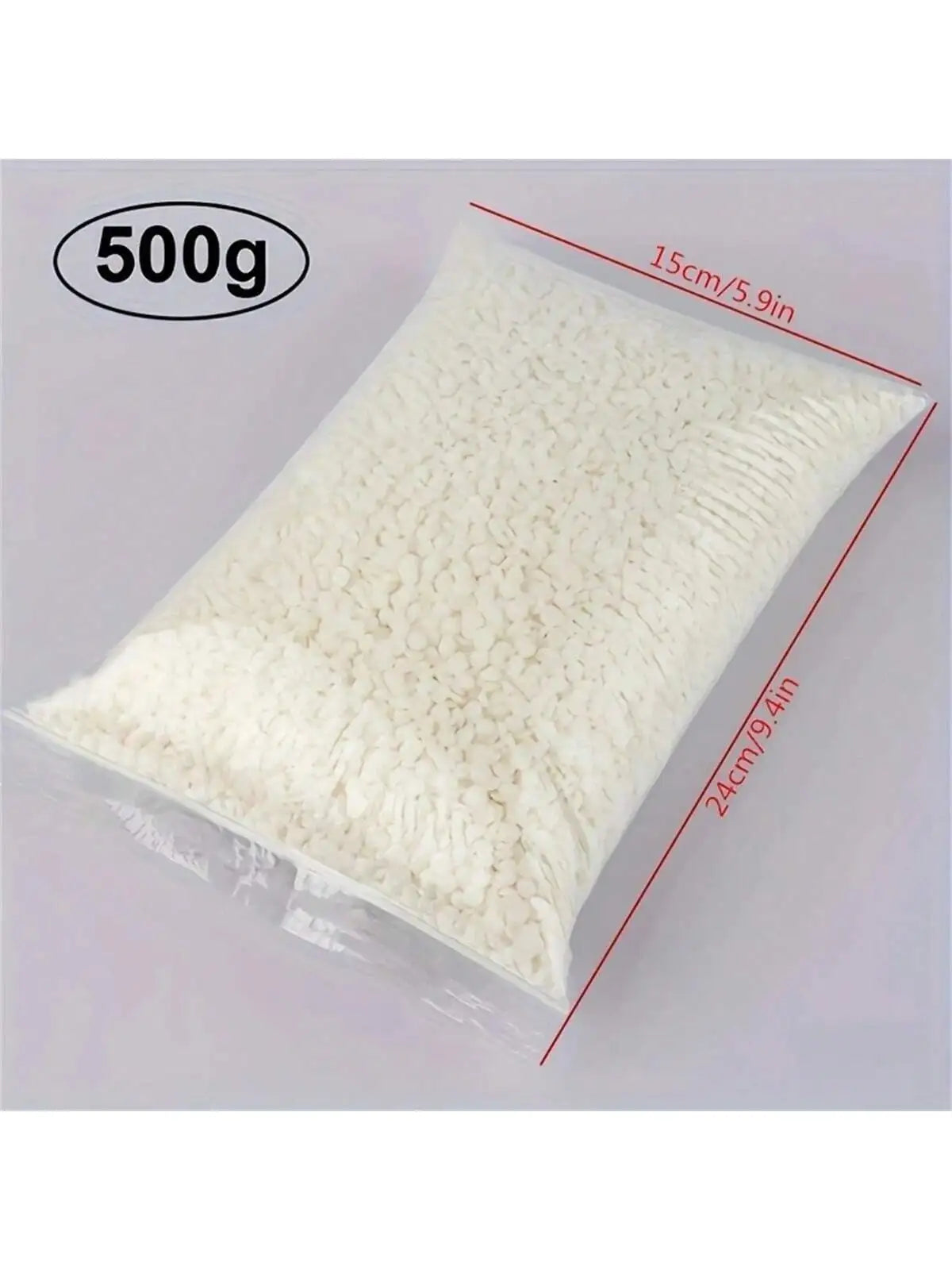 A white bag containing 500g of natural soy wax granules for DIY candle and skincare making.
