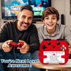 A young boy smiles holding a red handmade crochet game controller decoration.