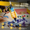 A hand is using a yellow cordless hot glue gun to heat a glue stick, demonstrating 2-3 minute fast heating.
