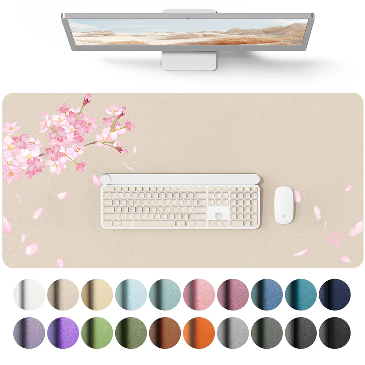 A white waterproof PU leather desk pad with a keyboard and mouse shown alongside various colored pads.