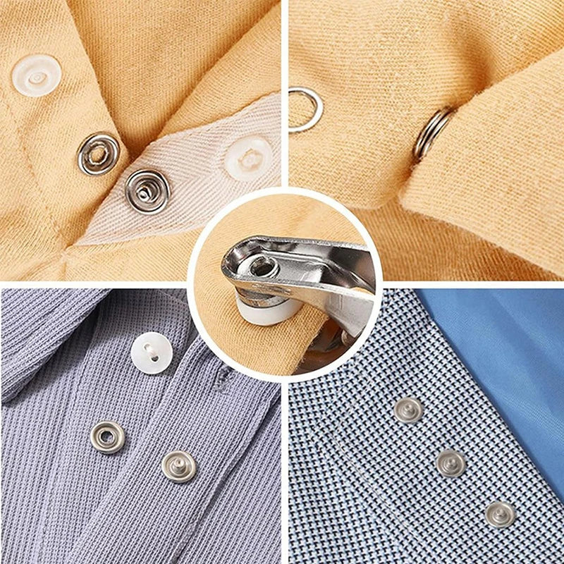 Close-up view of a 50-piece snap fastener kit showing various fasteners and hand press pliers on fabric samples.
