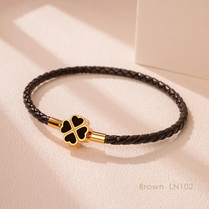 Four-Leaf Clover Braided Leather Bracelet