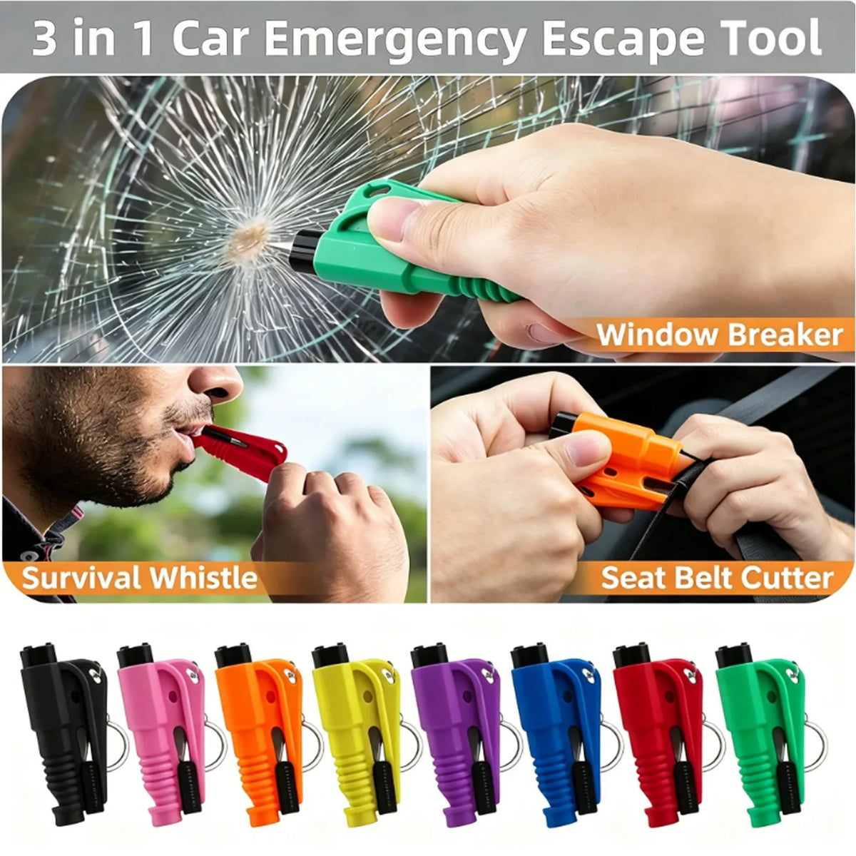 A collection of 9 multi-tool emergency escape tools in various colors, including a window breaker and seatbelt cutter.