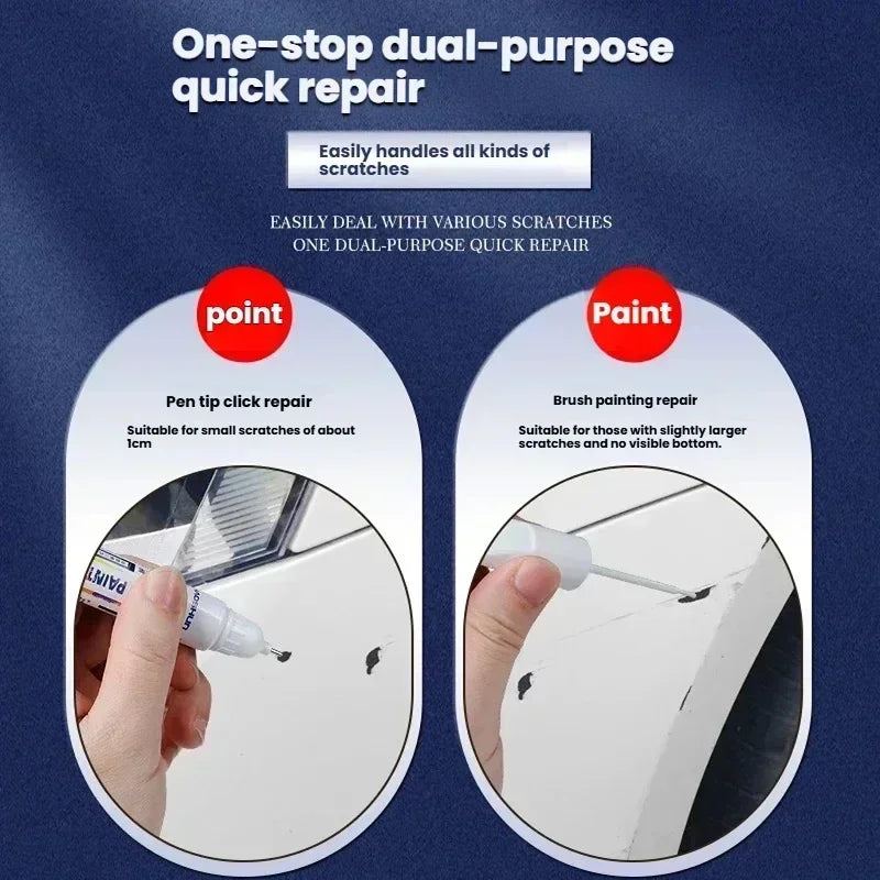 A dual-purpose touch-up pen is shown applying paint to repair scratches on a car surface.
