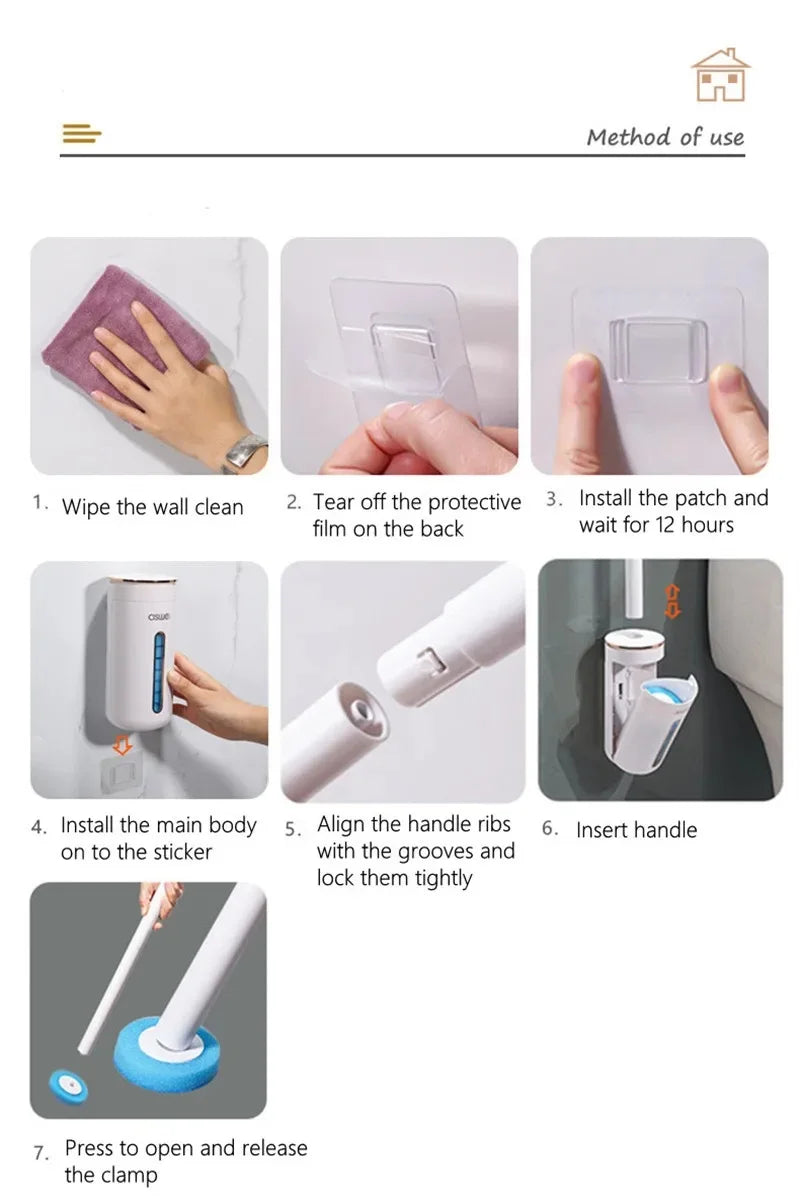 Wall-Mounted Disposable Toilet Brush Set with Refill Heads