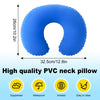 Blue PVC neck pillow with a U-shape design showing its dimensions and features