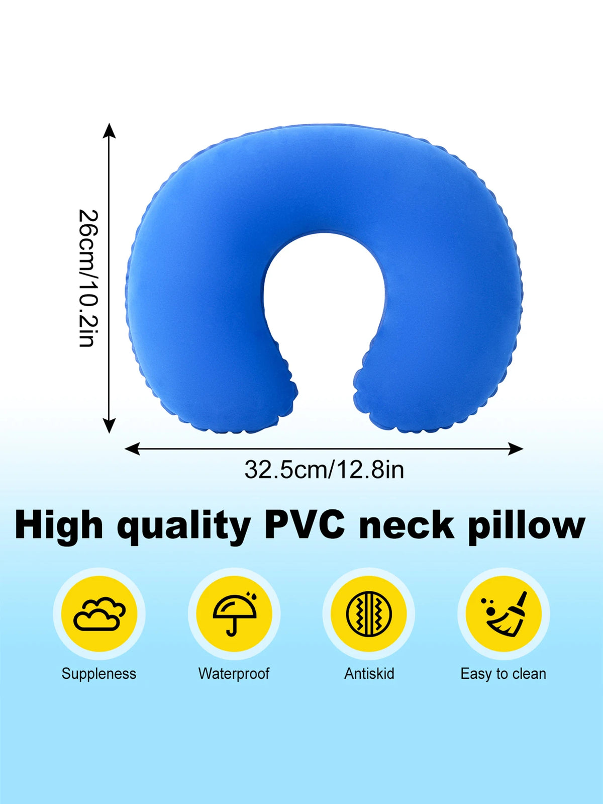 Blue PVC neck pillow with a U-shape design showing its dimensions and features