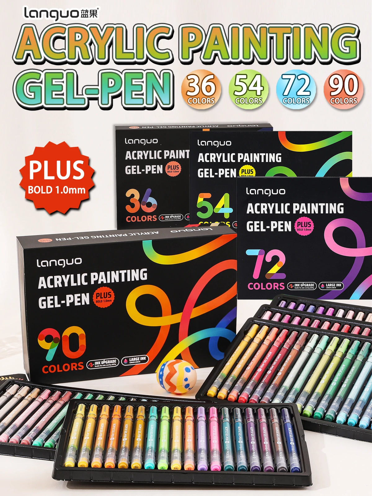 Sammlung von Lanquo Acryl-Malen Gel-Stiftsets mit 36, 54, 72 und 90 Farben in verschiedenen Verpackungen.