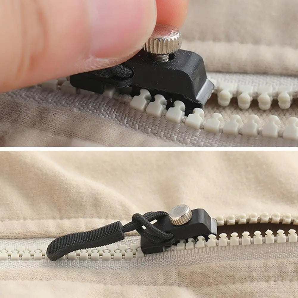 A black zipper slider replacement kit is shown being installed onto a beige fabric zipper.