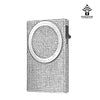 A slim aluminum RFID-blocking pop-up card wallet with a textured surface.