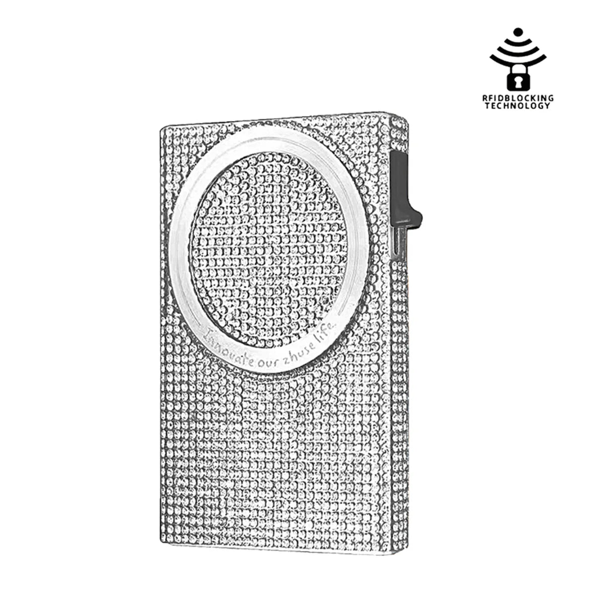A slim aluminum RFID-blocking pop-up card wallet with a textured surface.
