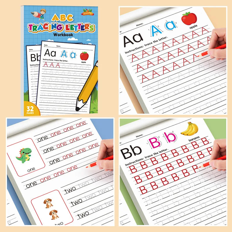 A workbook showing tracing letters Aa and Bb for handwriting practice with lines and pencil guidance.