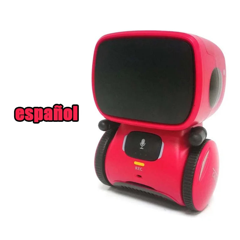 A red interactive voice-controlled robot toy with a black screen and speaker, shown from the front.