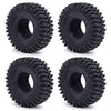 Four views of black soft rubber tires for 1/18 and 1/24 RC crawler cars