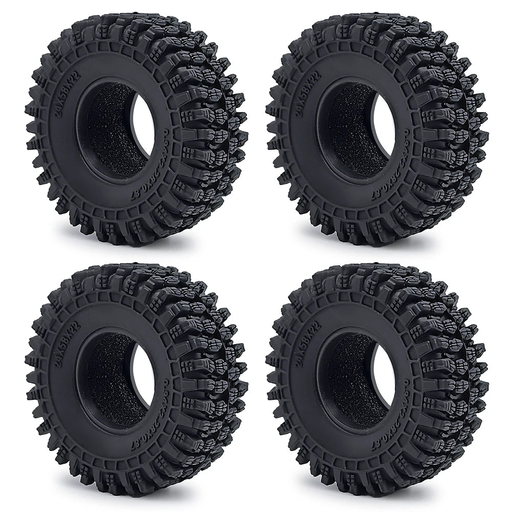 Four views of black soft rubber tires for 1/18 and 1/24 RC crawler cars