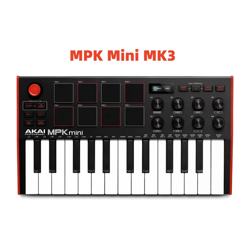 A black AKAI MPK Mini MK3 MIDI keyboard controller with 25 keys, drum pads, and knobs.