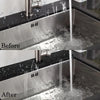 Close-up comparison showing water dripping from a large silicone faucet mat before and after use.