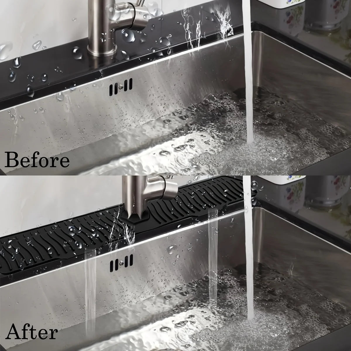 Close-up comparison showing water dripping from a large silicone faucet mat before and after use.