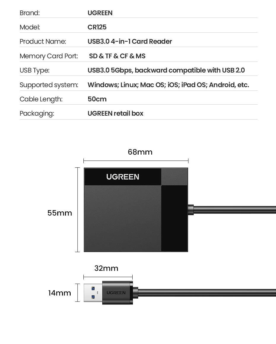 4-in-1 USB 3.0 Card Reader with USB-C Adapter