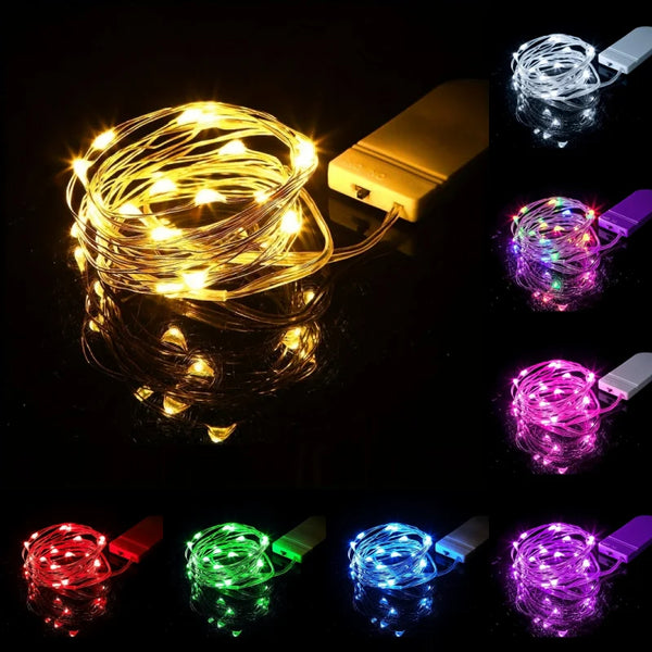 A collection of waterproof LED fairy string lights in various colors, including yellow, purple, pink, green, blue, and red.