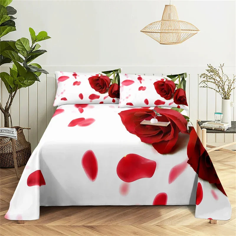 White bedding set featuring a red rose pattern with scattered red petals and large red roses.
