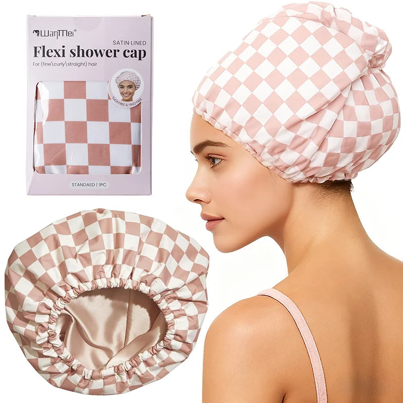 Satin-Lined Wide Shower Cap with Adjustable Fit