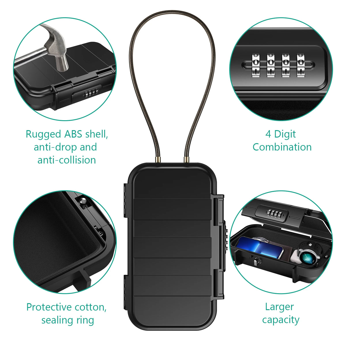 A black portable safe lock box featuring a rugged ABS shell, anti-drop features, and a 4 digit combination lock.