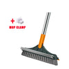 A black rotating floor scrub brush with an orange handle and a mop clamp shown next to the product.