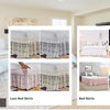 Various styles of lace bed skirts shown in white, pink, and green colors.