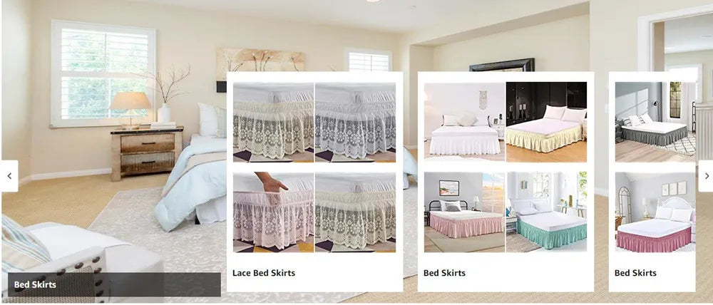 Various styles of lace bed skirts shown in white, pink, and green colors.