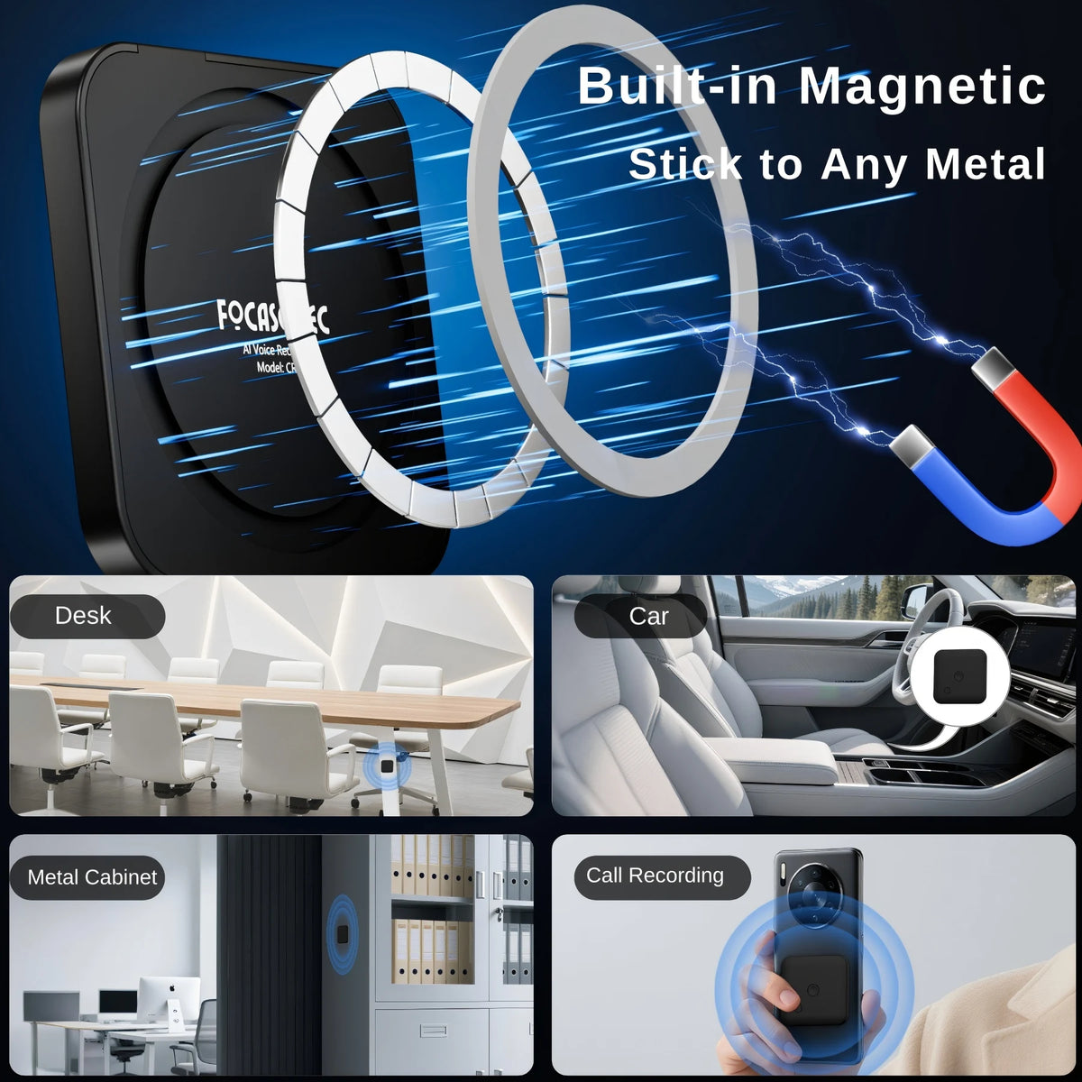 A black AI voice recorder with a magnetic stick attachment shown in various contexts like a desk, car, and metal cabinet.
