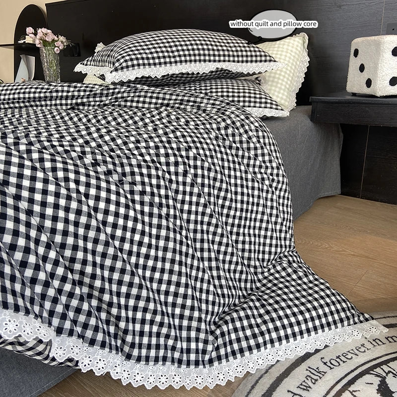 Lace Trim Plaid Duvet Cover Set with Pillowcases