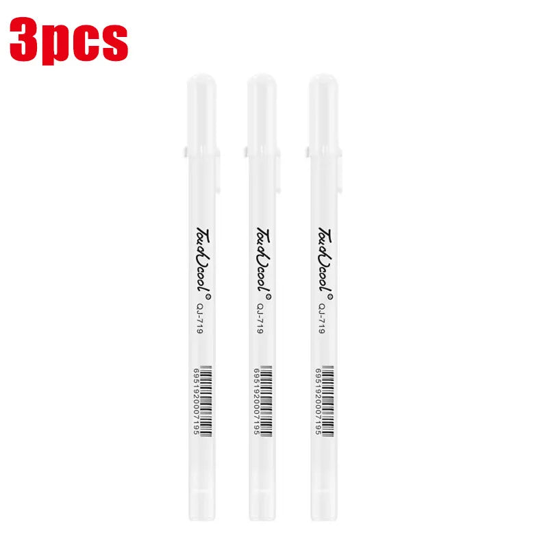 A set of three white ink gel pens for drawing and highlighting, featuring fine 0.8mm tips.