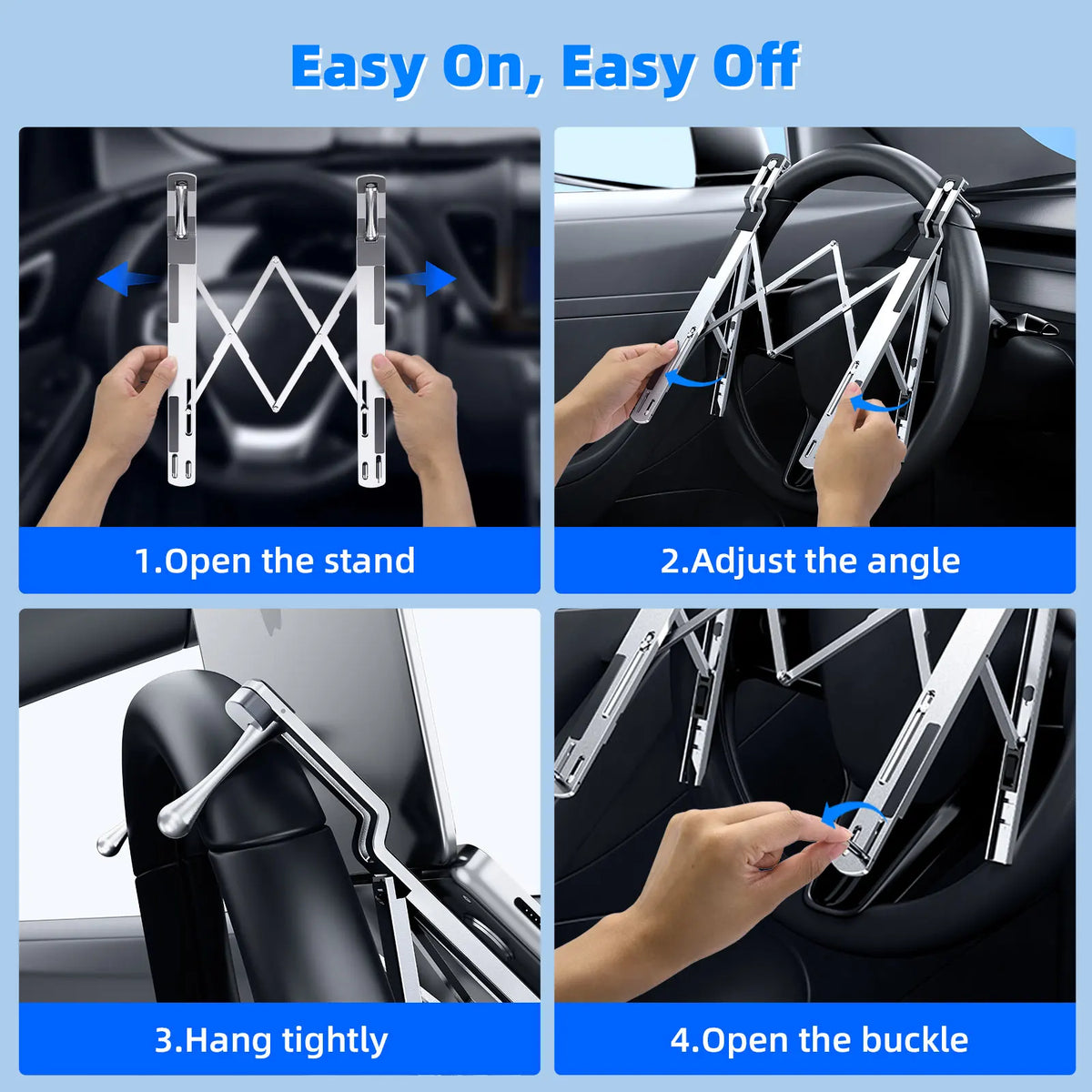 Demonstration of folding and adjusting a portable aluminum laptop stand for use with a car steering wheel.