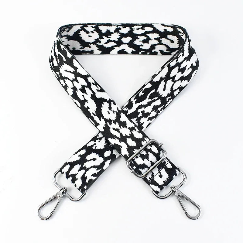 Black and white leopard print wide adjustable crossbody bag strap