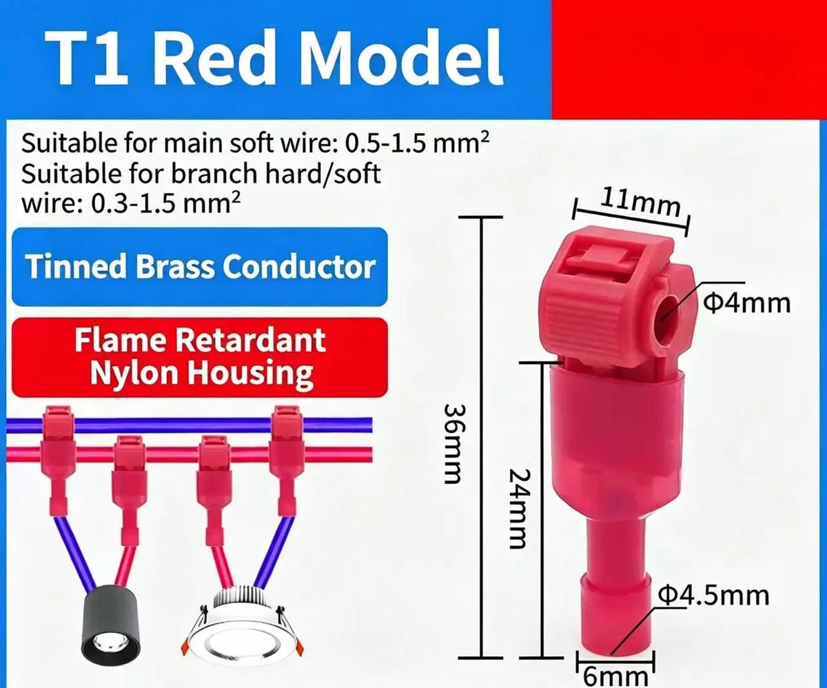 Red T1 Rod model connector featuring a tinned brass conductor and flame retardant nylon housing.