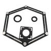 A black foldable aluminum angle ruler with locking segments shown in a hexagonal shape.